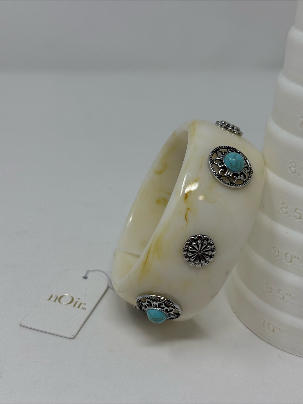 nOir Jewelry White Marble Resin Bangle with Turquoise Accents